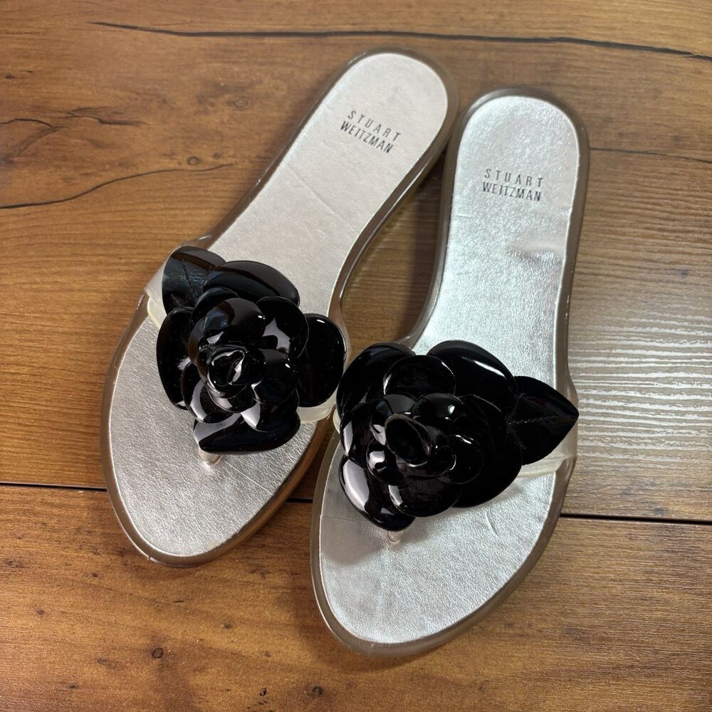 STUART WEITZMAN Womens 8 Translucent Jelly Thong W/ Large Black Flower Sandals
